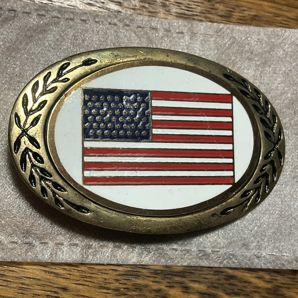 Vintage Solid Brass American Flag Belt Buckle Enamel 1980s Patriotic Laurel Leaf